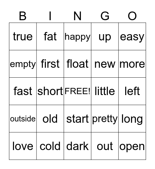 Antonym Bingo Card