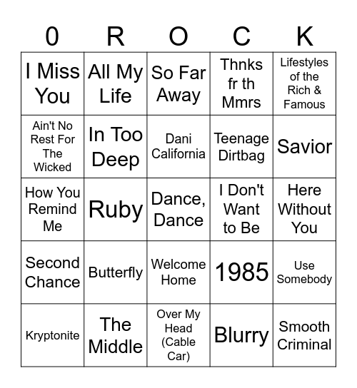 2000s Rock/Alt Bingo Card