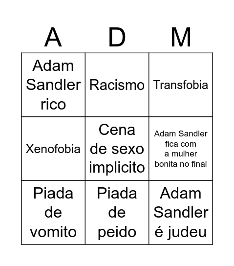 Adam Sandler Bingo Card