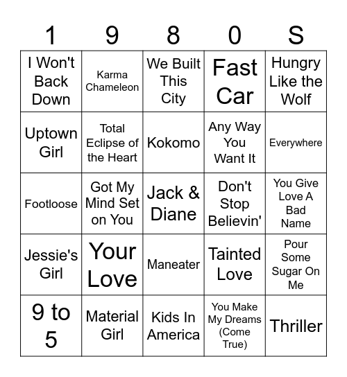 1980s Bingo Card