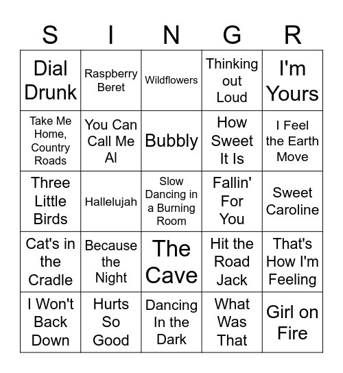Singer Songwriter Bingo Card