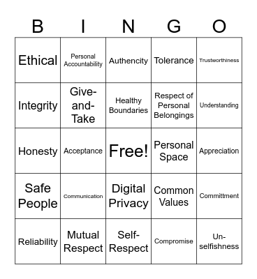 Healthy Relationships Bingo Card