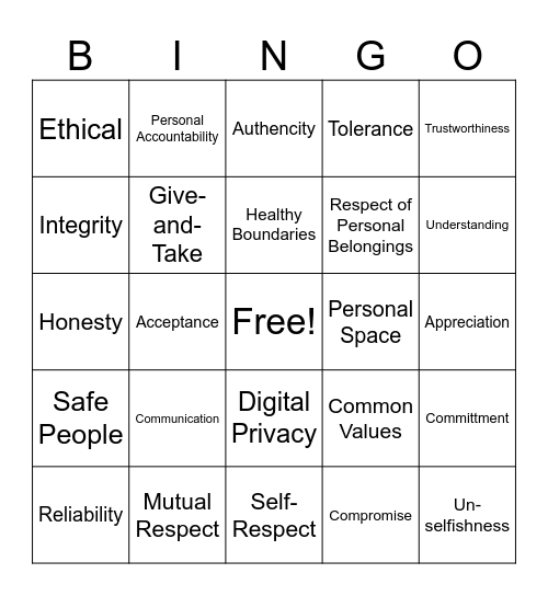 Healthy Relationships Bingo Card