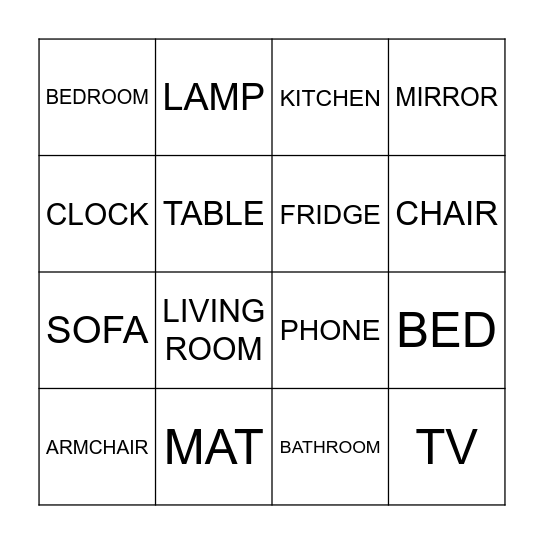FURNITURE Bingo Card