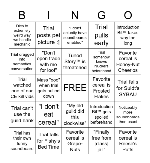 Two Shot Raid Trial Bingo Card
