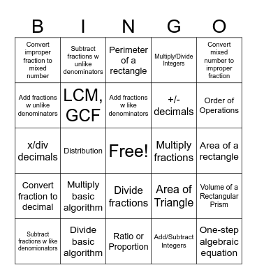 Merciless Math Bingo Card