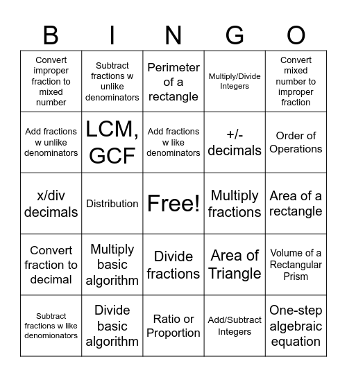 Merciless Math Bingo Card