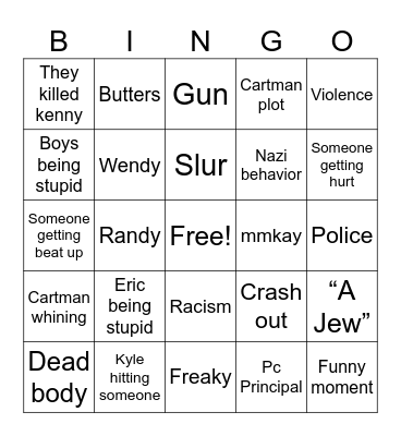 South Park Bingo Card