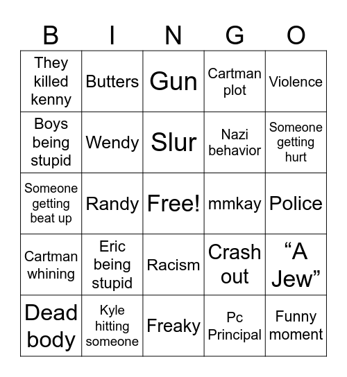 South Park Bingo Card