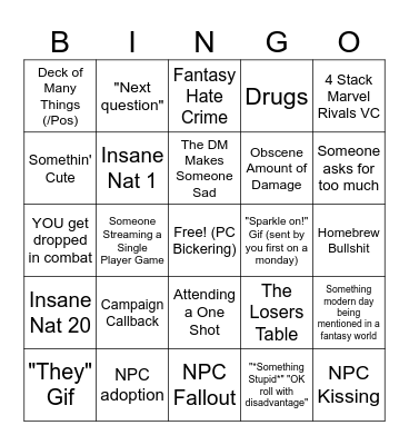 Homies DND Bingo Card