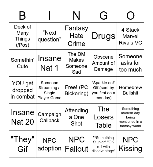 Homies DND Bingo Card