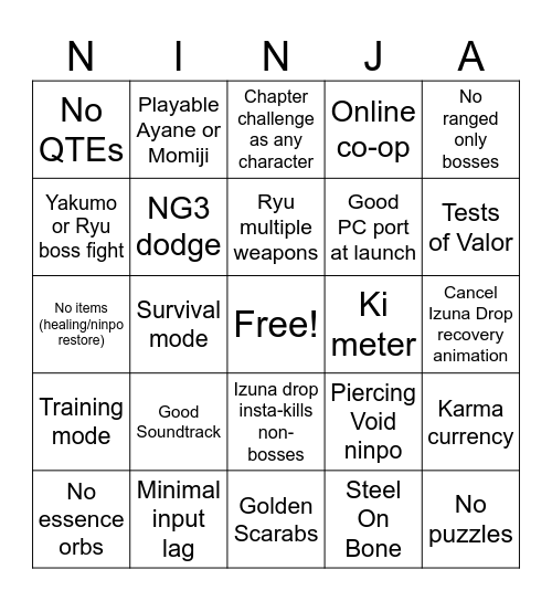 Ninja Gaiden 4 Bingo Card