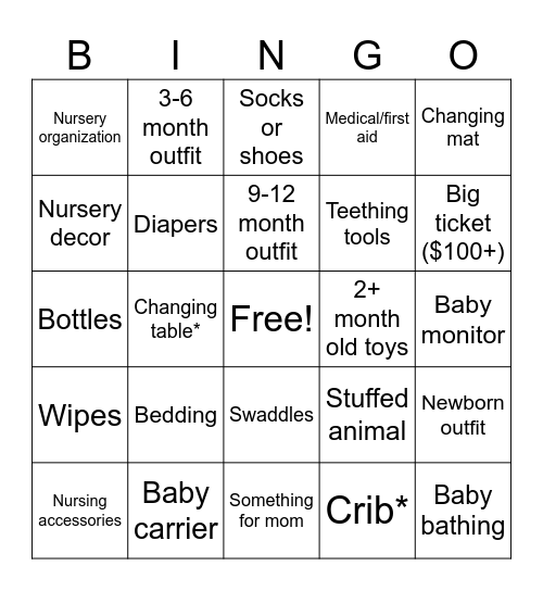 Baby Shower Bingo Card