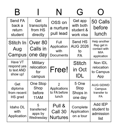 Admissions Bingo Card