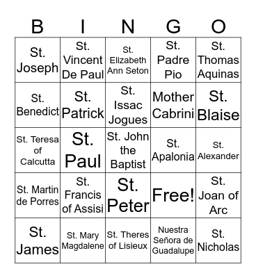 Saints Bingo Card