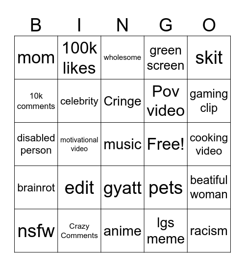 insta reels Bingo Card