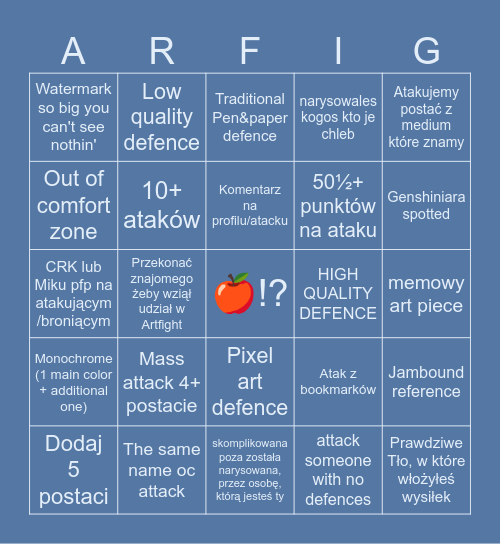 Artfight Bingo Card