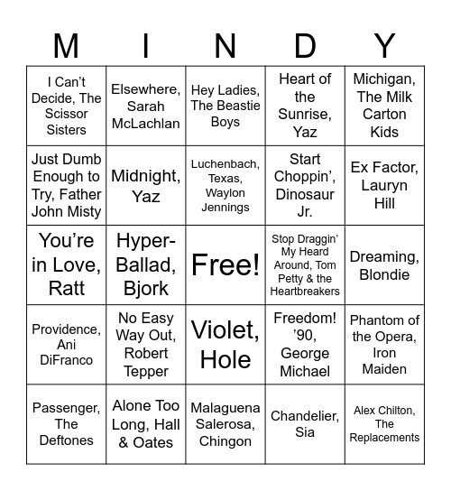Rock & Kroll Music Bingo Card