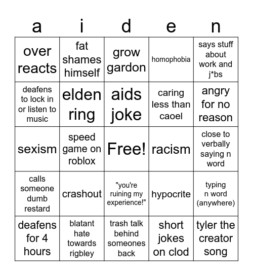 aidseiyn Bingo Card