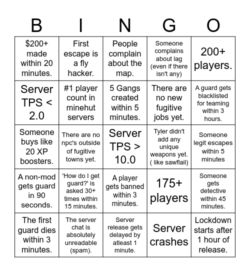 Server Release Bingo Card