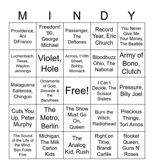 Rock & Kroll Music Bingo Card