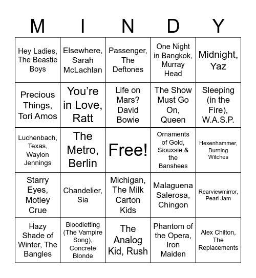 Rock & Kroll Music Bingo Card