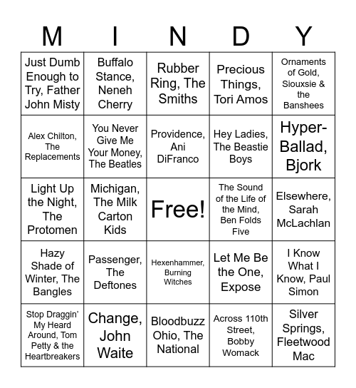 Rock & Kroll Music Bingo Card