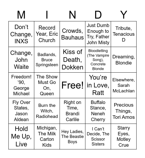 Rock & Kroll Music Bingo Card