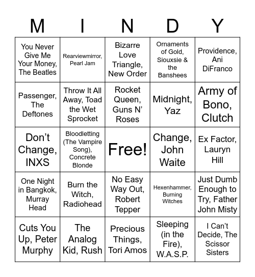 Rock & Kroll Music Bingo Card