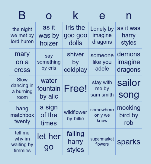 Rowan Note song choices Bingo Card