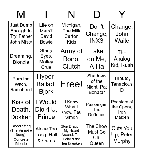 Rock & Kroll Music Bingo Card