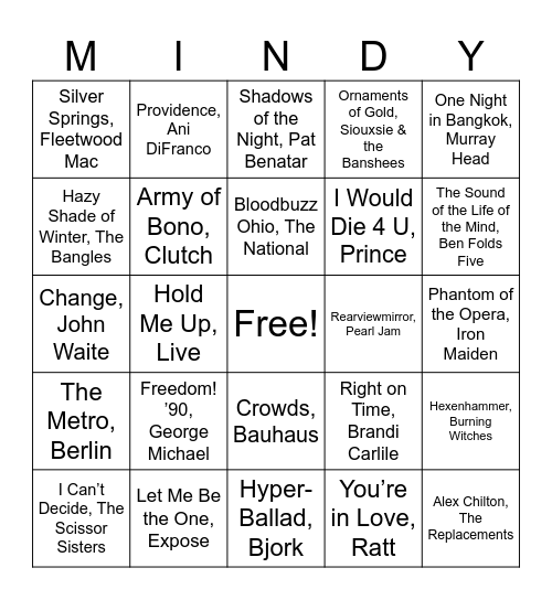 Rock & Kroll Music Bingo Card