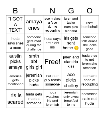 love island Bingo Card