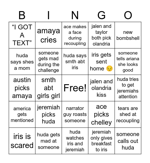 love island Bingo Card