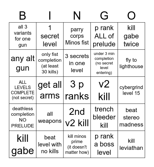 Ultrakill blackout Bingo Card
