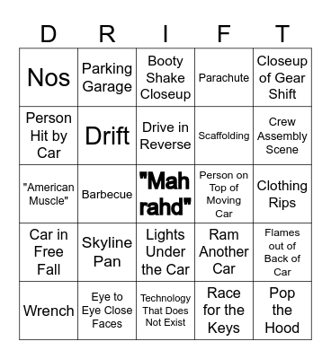 Fast and the Furious Bingo Card