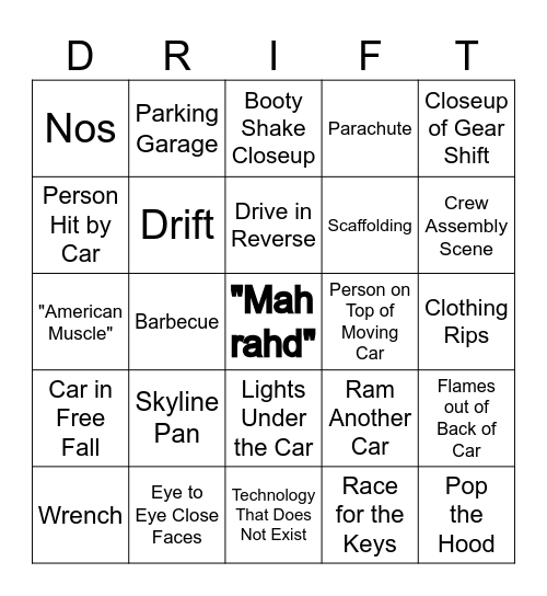 Fast and the Furious Bingo Card