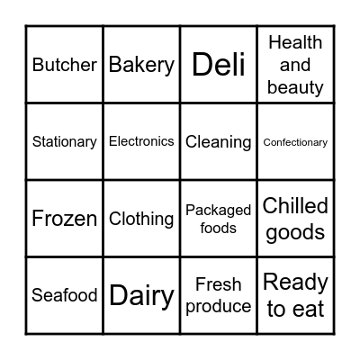 Supermarket departments Bingo Card