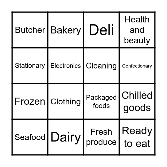 Supermarket departments Bingo Card