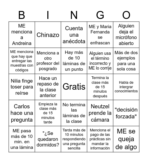 Clase de Sensorial Bingo Card