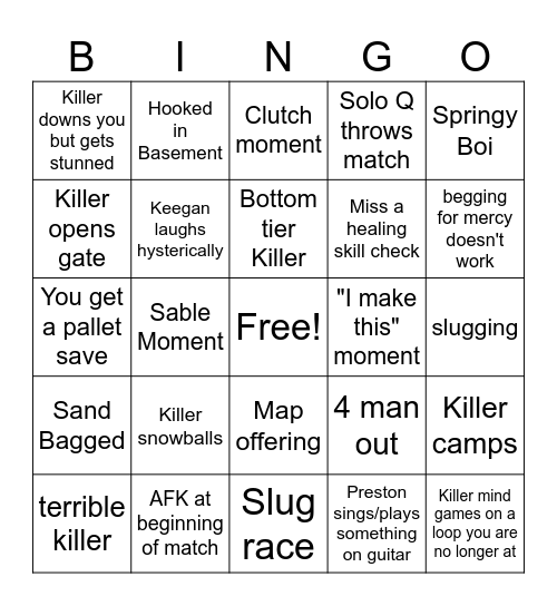 DBD survivor bingo Card