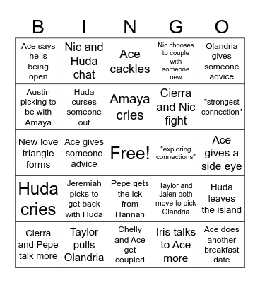 Love Island Episode 14 Bingo Card