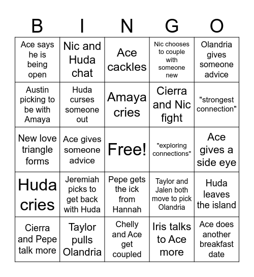 Love Island Episode 14 Bingo Card