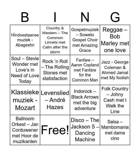 Muziek Bingo Card