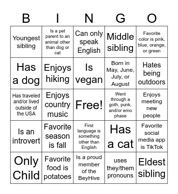 Get-to-know-you Bingo Card