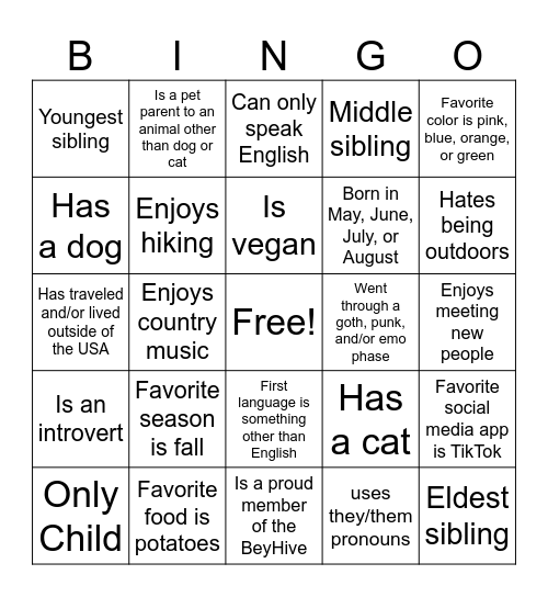 Get-to-know-you Bingo Card