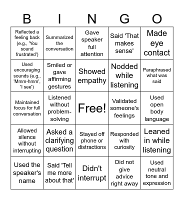 Active Listening Bingo Card