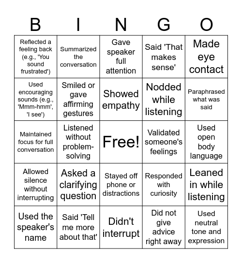 Active Listening Bingo Card