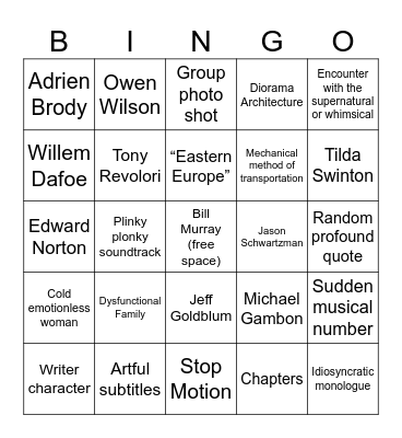 Wes Anderson Bingo Card