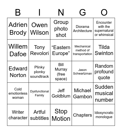Wes Anderson Bingo Card